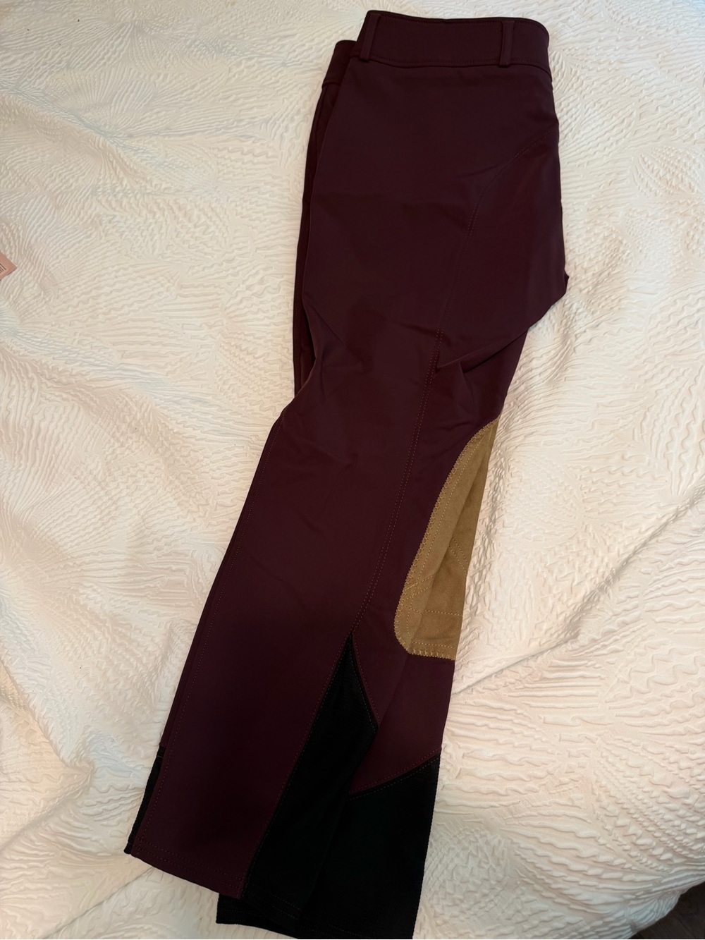 Women's Maroon Boot-Cut Riding Breeches with Tan Knee Patch size 34